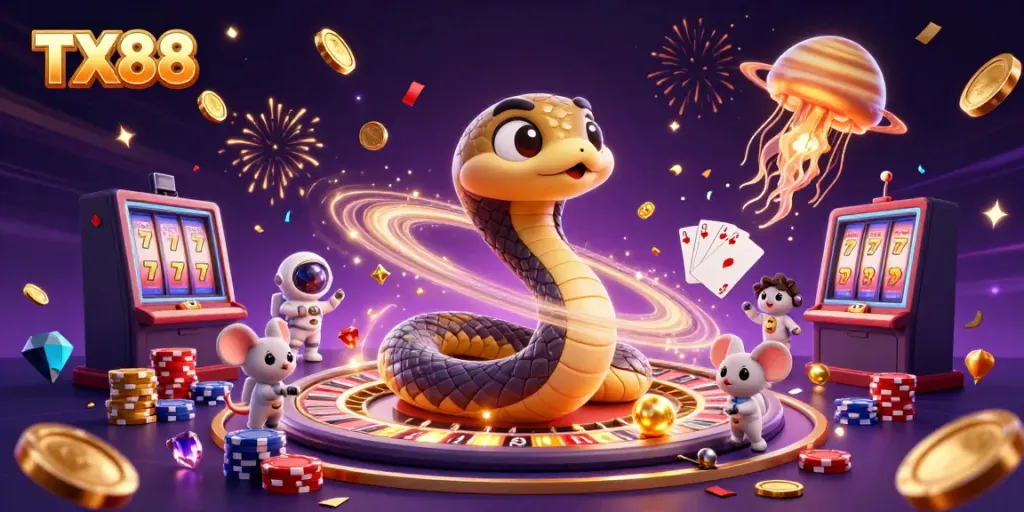 Bet on TX88's galactic roulette with lucky astronaut mice amidst sparkling casino elements.