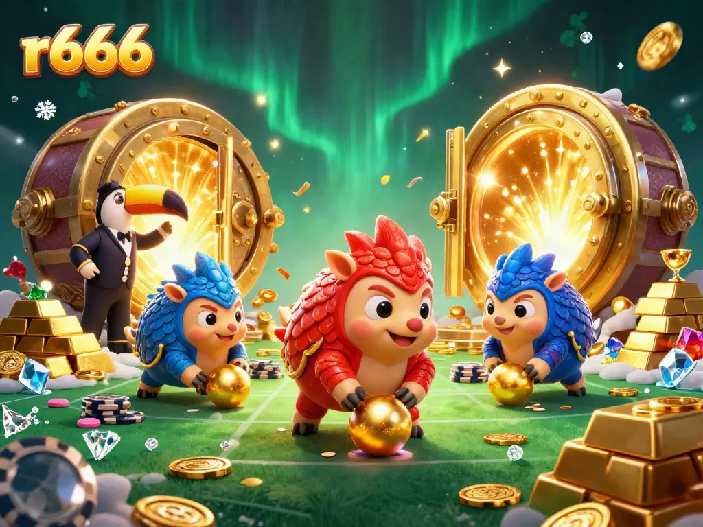 Experience the excitement of r666 as rival pangolins engage in a thrilling casino game showdown with gold and jewels.
