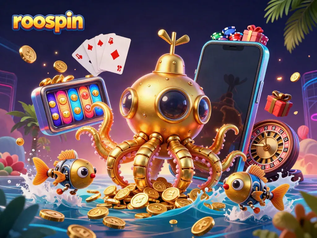 Engage with roospin's thrilling casino experience featuring a stunning kraken submarine amidst golden riches.