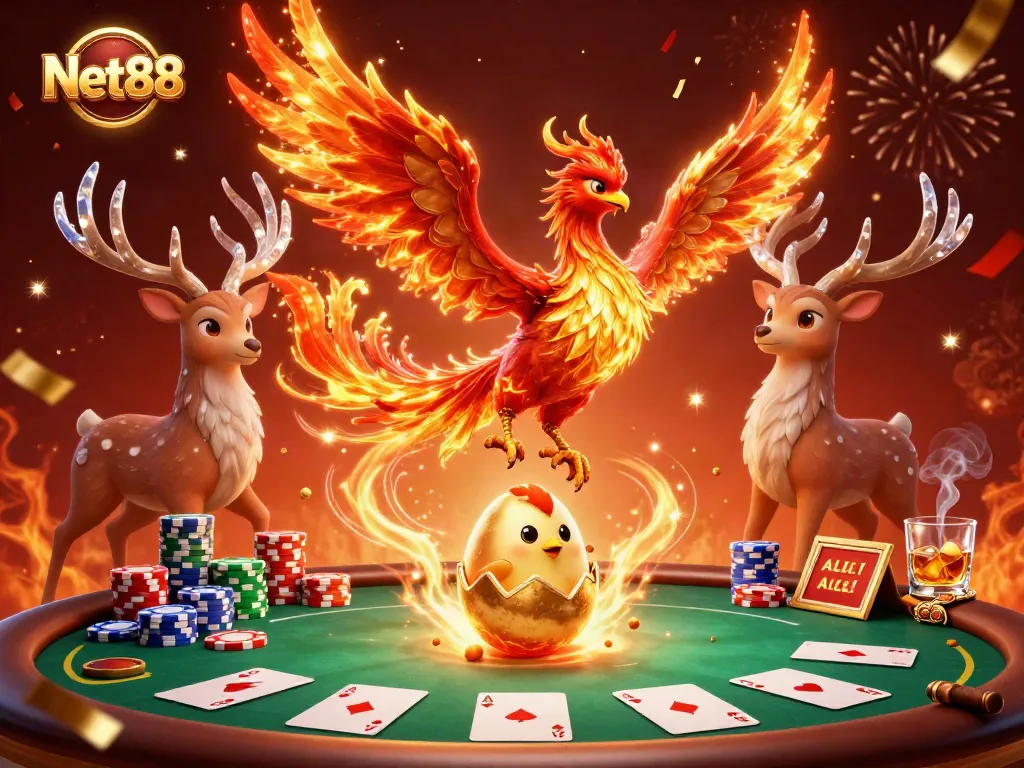 Experience the excitement of Net88's dynamic gaming scene with poker elements and vibrant characters.