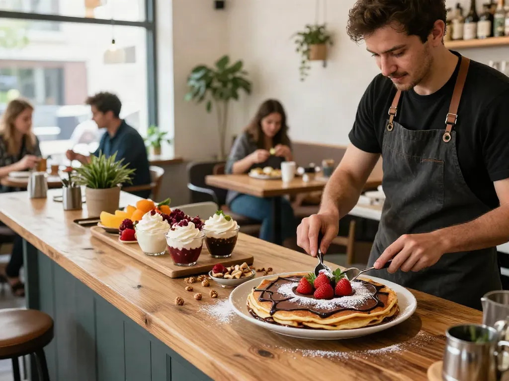 Delicious crepes being made at Rokok88 cafe with dark chocolate and fresh toppings, inviting atmosphere.