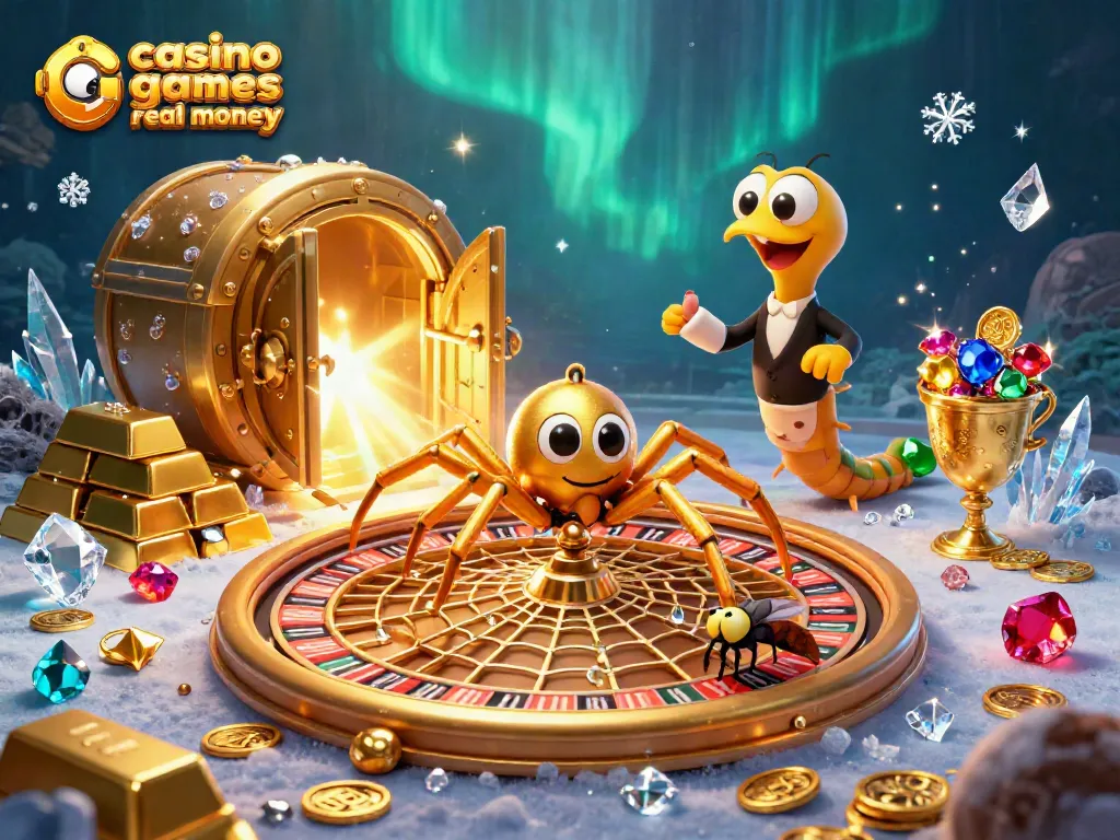 Experience casino games australia real money with a dramatic 3D scene featuring a golden spider and croupier.