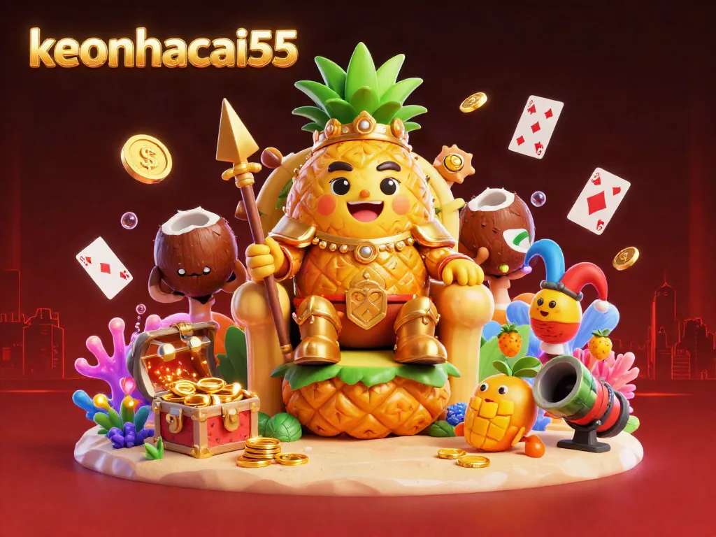 Engage with keonhacai55's vibrant beach casino scene featuring a golden pineapple king, energetic characters, and exciting treasures.