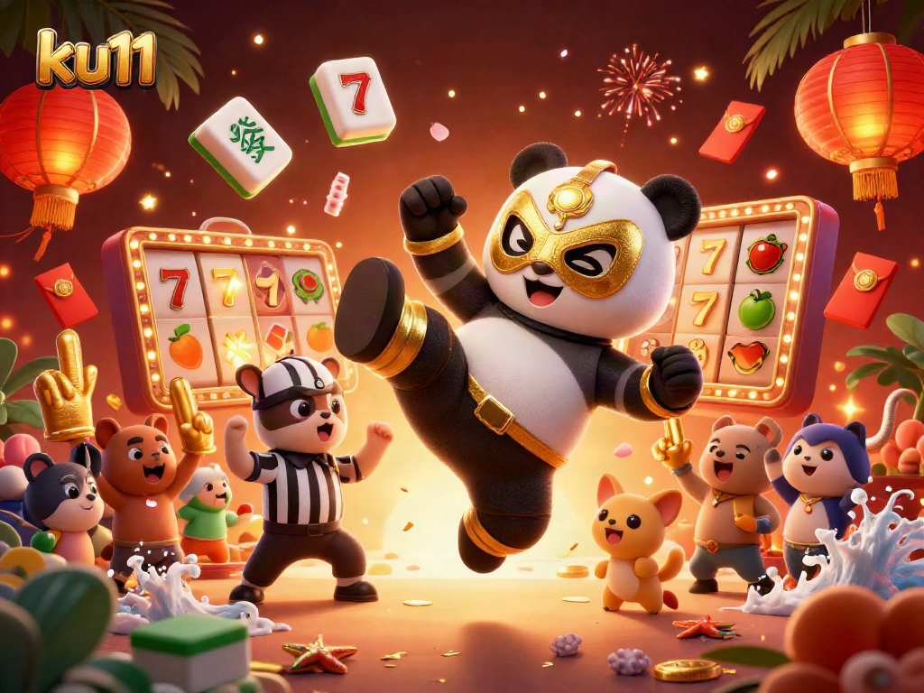 ku11 showcase with a panda wrestler kicking at a slot machine jackpot amidst vibrant casino elements
