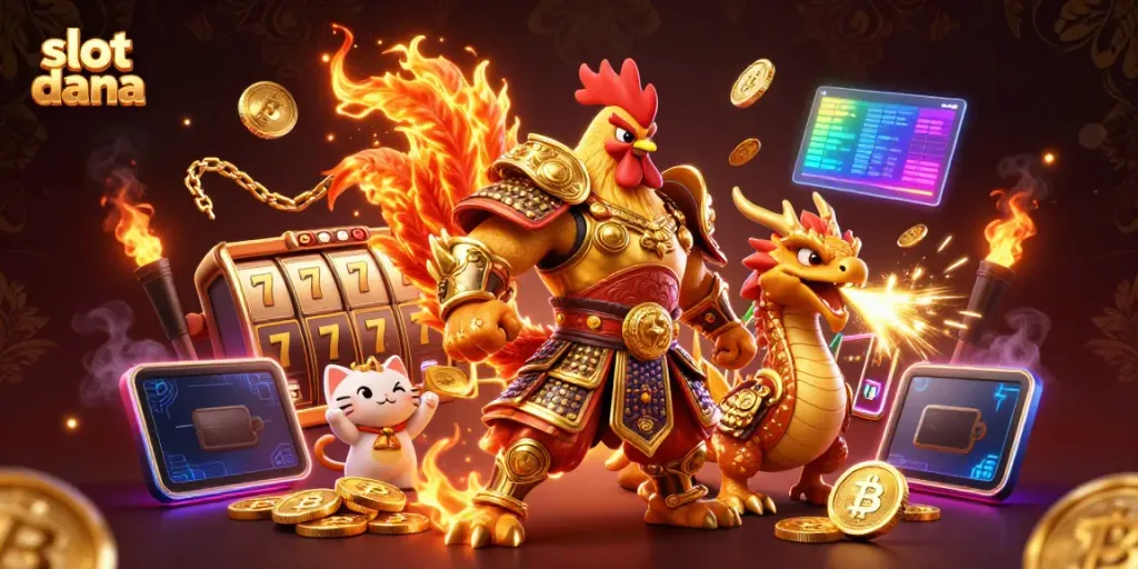 Experience the excitement of slot dana with an epic 3D scene featuring warrior characters and slot elements.