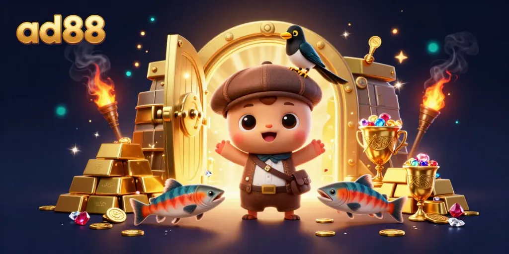 Experience the exciting world of ad88 with vibrant casino elements featuring playful characters in a golden treasure scene.
