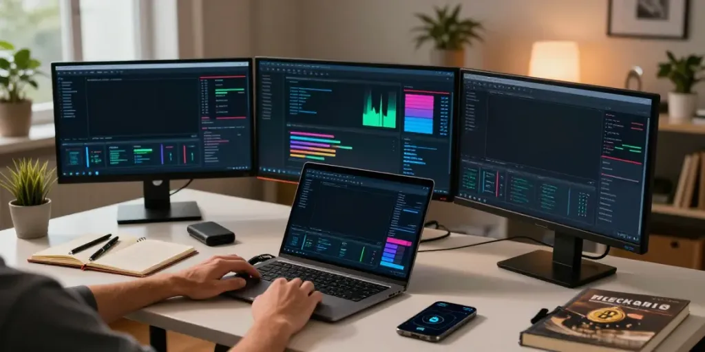 Recover stolen crypto in USA through professional blockchain analysis evident in a multi-monitor trading setup showcasing crypto fund tracking.