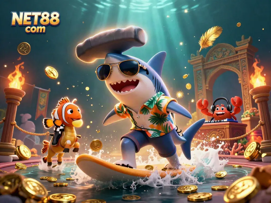 Experience the excitement of NET88 com with a festive underwater casino scene featuring vibrant characters and dynamic elements.