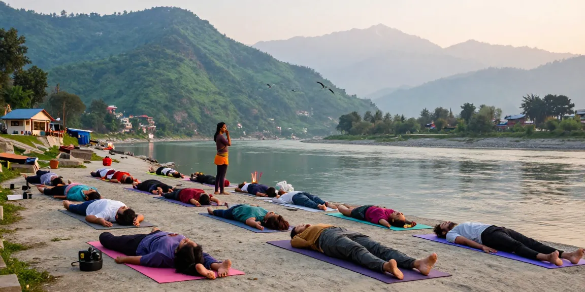 Best yoga teacher training course in Rishikesh India with students practicing yoga on the banks of the Ganges River at sunrise.
