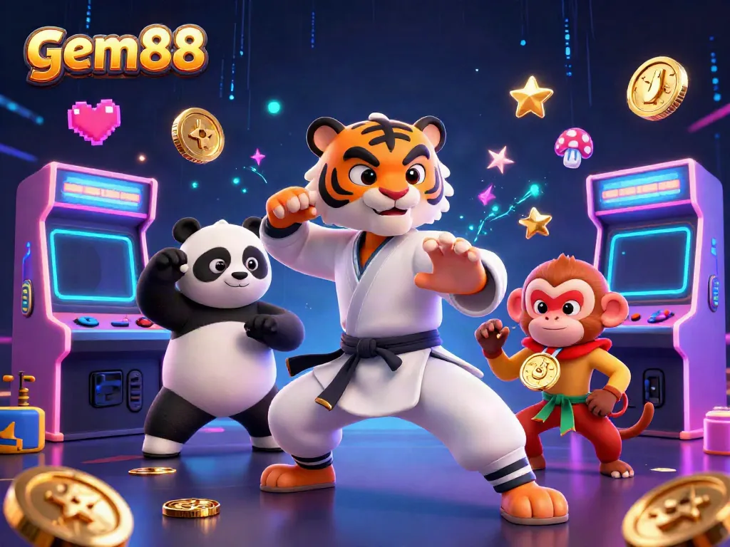 Experience thrilling gaming action at gem88 featuring vibrant characters and iconic casino elements.