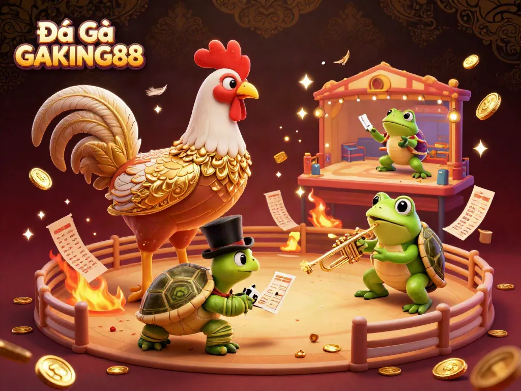 Experience the thrilling action of Đá Gà GAKING88 in this vibrant cockfighting scene filled with excitement and energy.