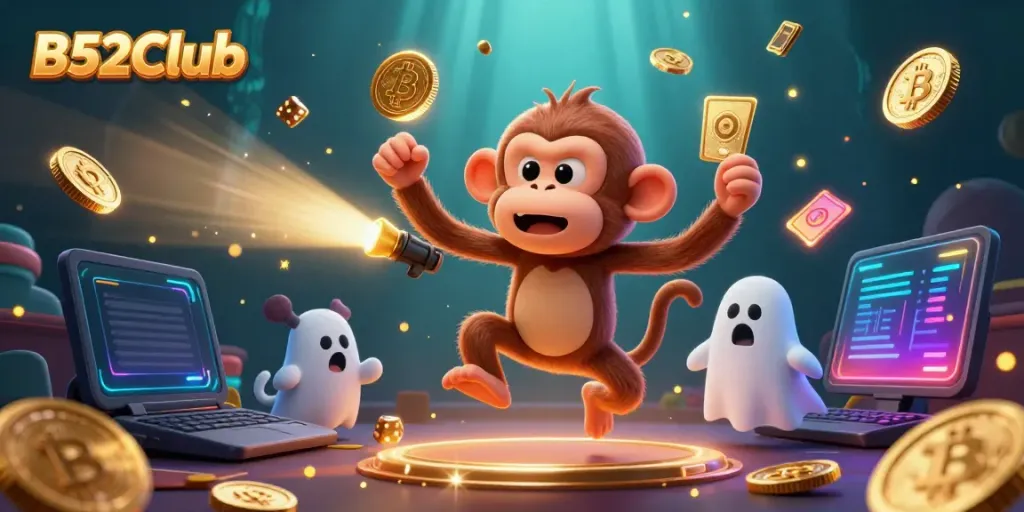 Experience gaming thrills with B52Club as a mischievous monkey and curious puppy animate a lively casino adventure.