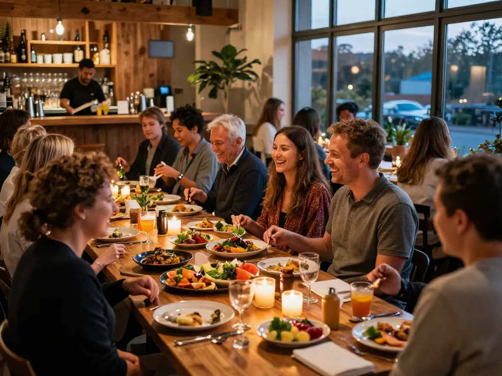 Enjoying a communal dining experience at bedfordsocialclub.com, patrons savoring colorful dishes in a warm atmosphere.