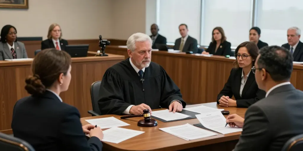 Cobb County DUI court hearing with diverse attorneys and defendants in a serious courtroom environment.