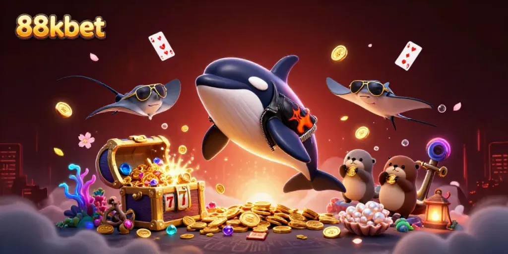 Experience the excitement of 88kbet with vibrant 3D animated characters celebrating wins amidst colorful casino elements.