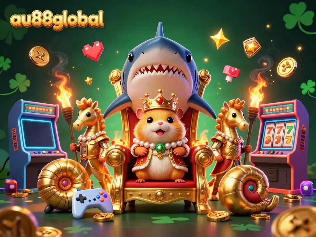 Experience thrilling gameplay at au88global with a dynamic casino scene featuring a golden hamster king and arcade machines.