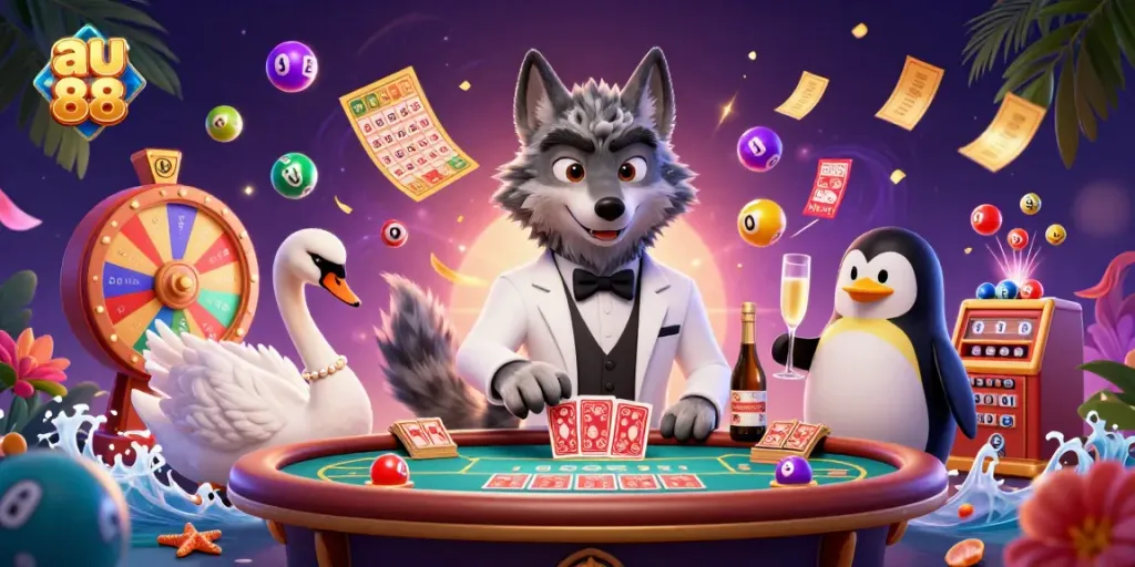 Experience vibrant gambling action with au 88, showcasing a lively casino scene with enchanting characters.