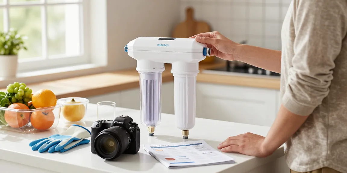 Waterdrop Spin Down Sediment Filter being installed in a modern kitchen, showcasing fresh ingredients and clean living.