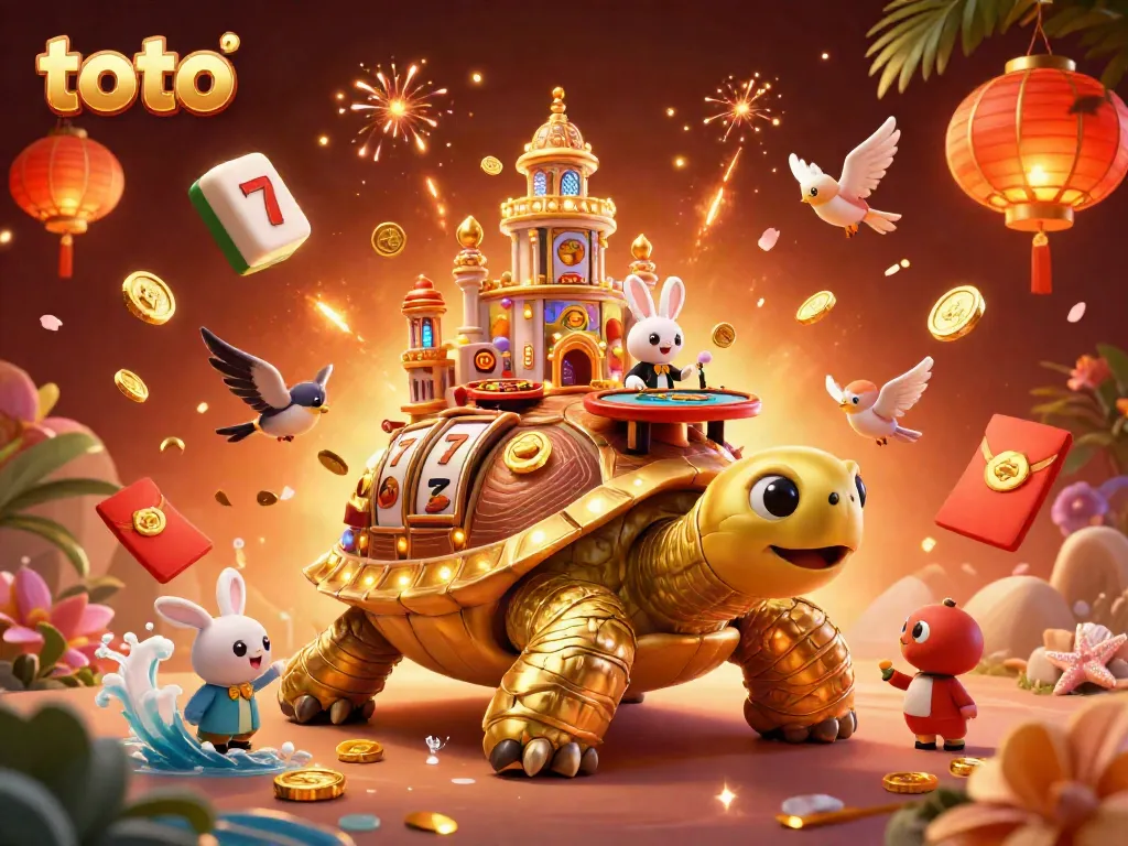 Engage in thrilling casino action with toto at a dynamic scene featuring a giant golden tortoise and lucky symbols.