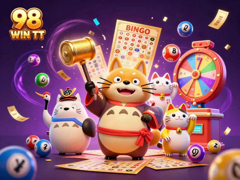 Engage with the vibrant world of 98 WIN TT, featuring cheerful characters and dynamic gaming elements.