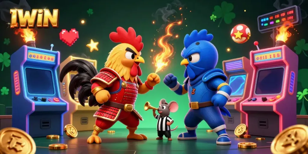 IWIN showcases an epic standoff between samurai and ninja roosters amidst vibrant casino elements.