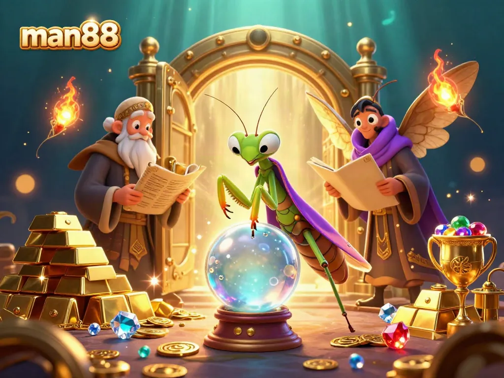 Experience winning moments with man88, featuring mystical fortune teller characters surrounded by treasures and jewels.