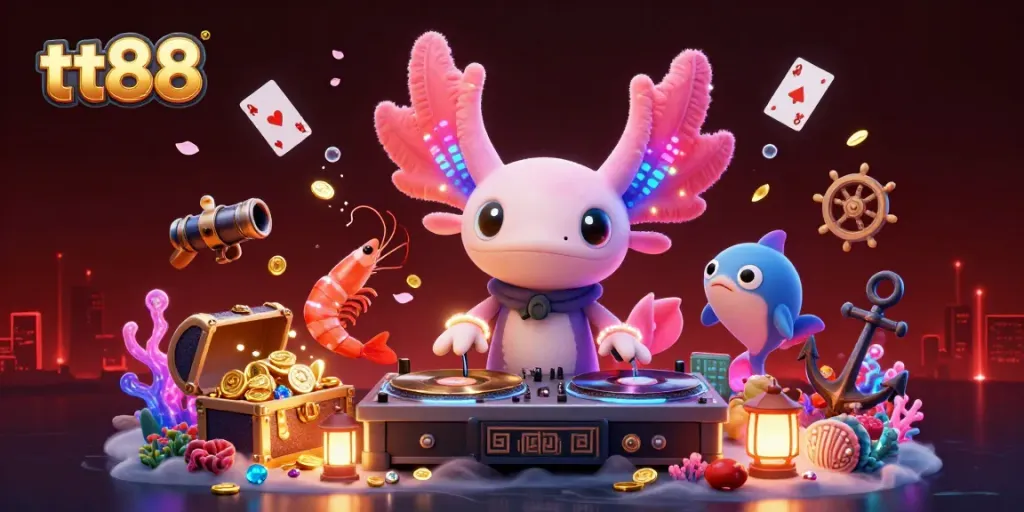 Engage with tt88 in this vibrant underwater casino scene featuring an axolotl DJ, dancing shrimp, and treasure.