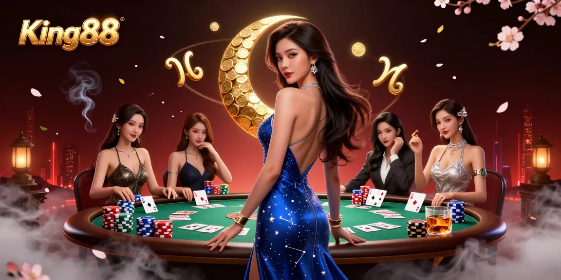 Win big at King88 with an elegant casino scene featuring poker and vibrant characters.
