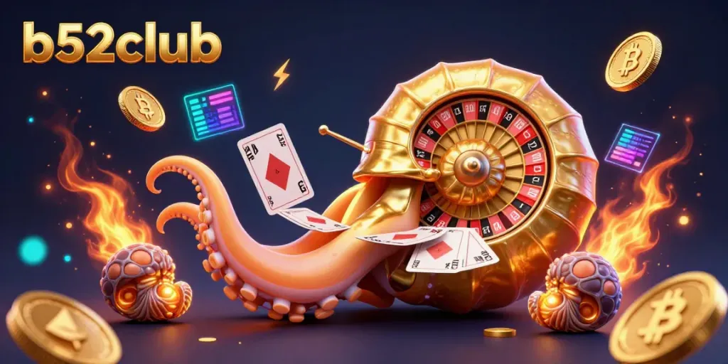 Experience b52club's thrilling casino games with an ancient nautilus roulette, glowing coins, and vibrant crypto elements.