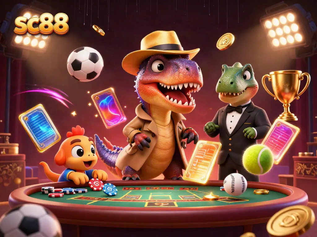 Experience exciting gaming with sc88, featuring a sneaky velociraptor at a bustling blackjack table.