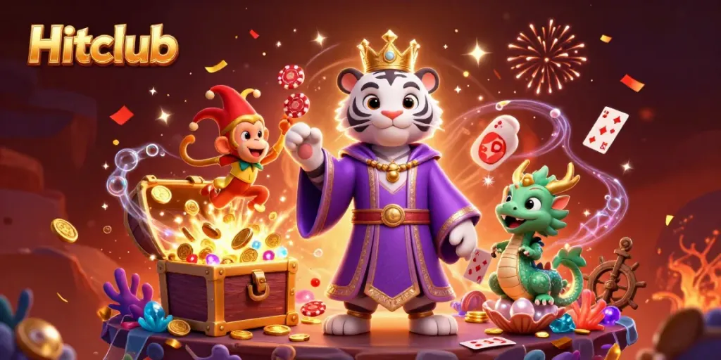 Experience the vibrant energy of Hitclub with a dynamic 3D illustration featuring gambling-themed characters and elements.
