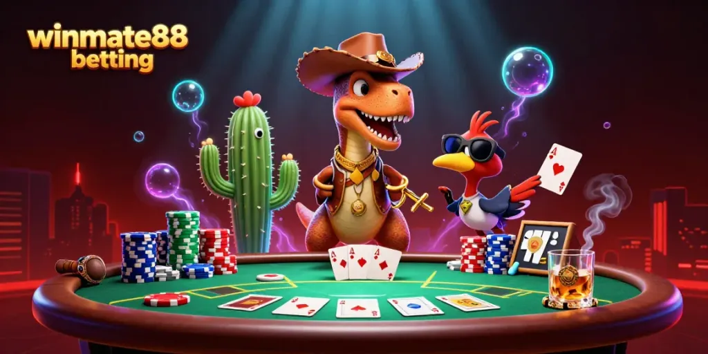 Engaging scene showcasing winmate88 betting with a cartoon cowboy dinosaur and poker elements.