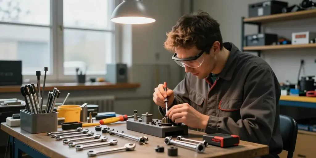 Technician using beta tools in a professional workshop environment, showcasing precision and craftsmanship.