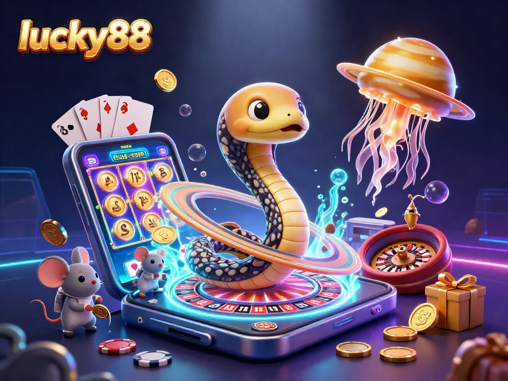 Experience the thrill of lucky88 with a colorful 3D casino scene showcasing dynamic gaming action.