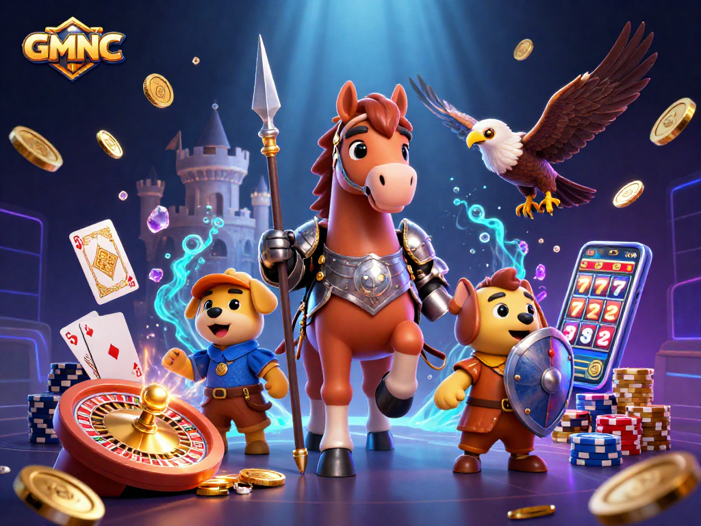 Experience the excitement of GMNC with a knight, puppy, and falcon among casino elements.