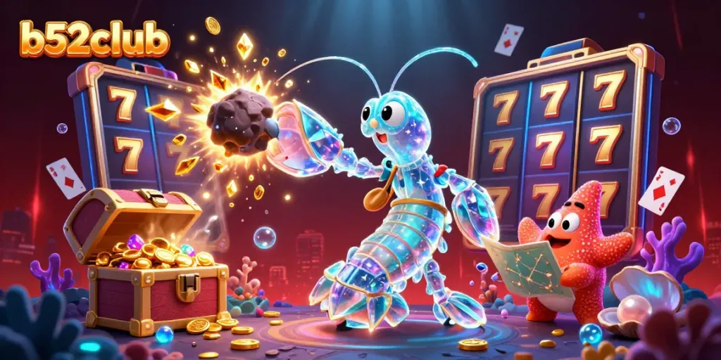B52club game illustration showing a galactic samurai shrimp amidst vibrant slot elements and underwater treasures.