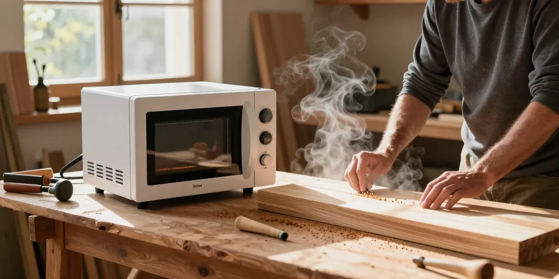 Shashel microwave device effectively treating woodworm in a rustic workshop