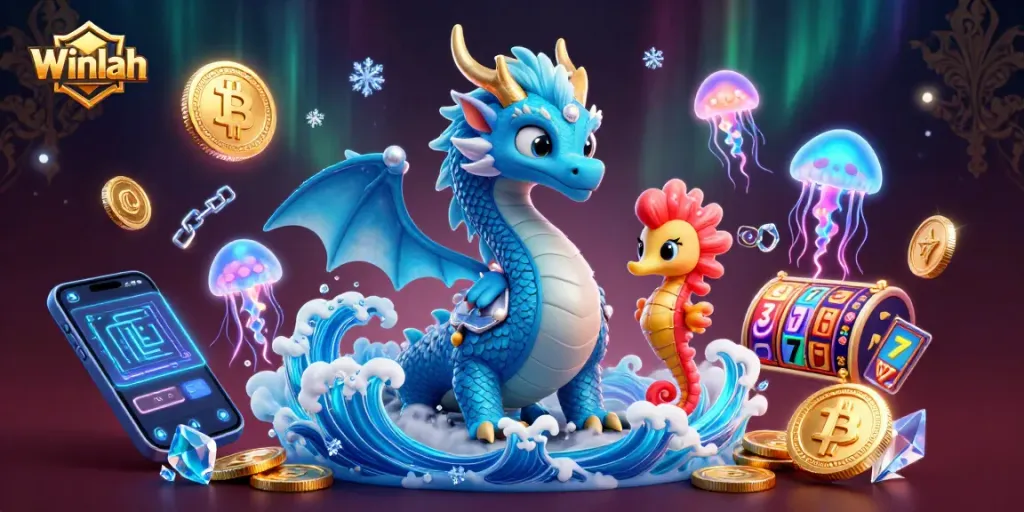 Engage with Winlah's vibrant casino world filled with animated characters and neon crypto elements.