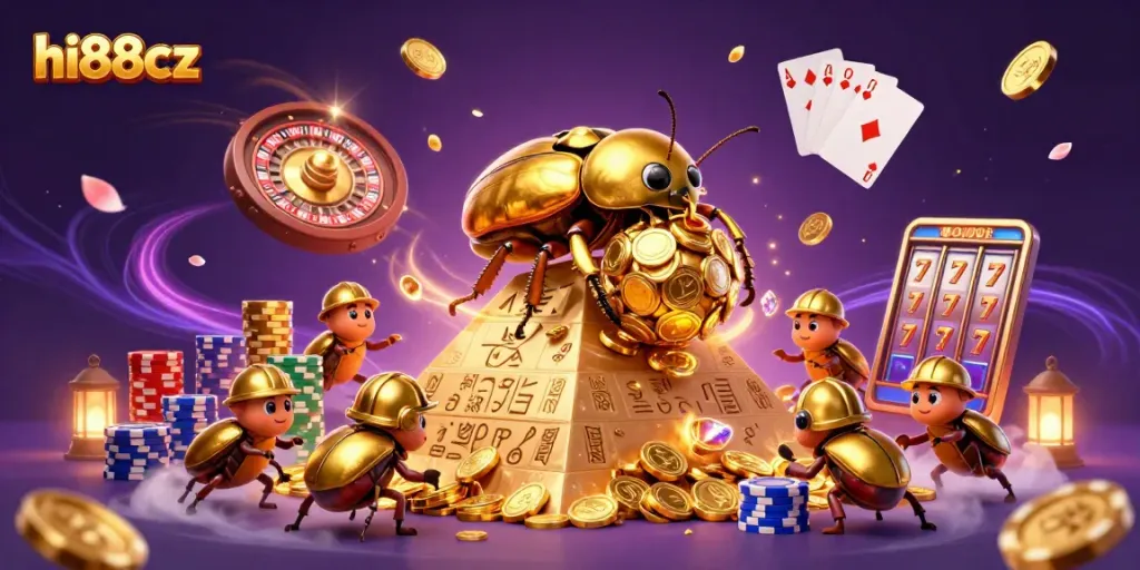 Experience the excitement of hi88cz with a golden dung beetle rolling coins in a vibrant casino scene.