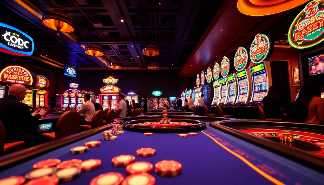 An exhilarating casino atmosphere featuring poker, slot machines, and roulette, emphasizing KJC AC.