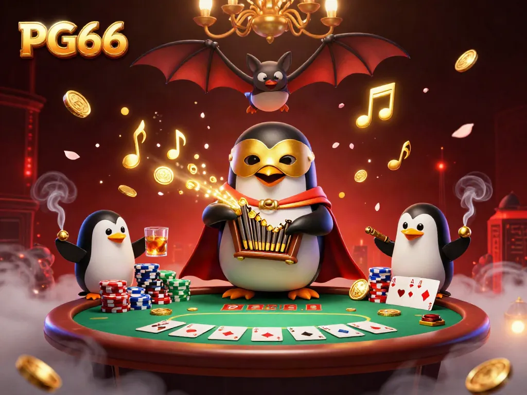 Engage with PG66's thrilling gaming world featuring a penguin performing in a vibrant casino atmosphere.