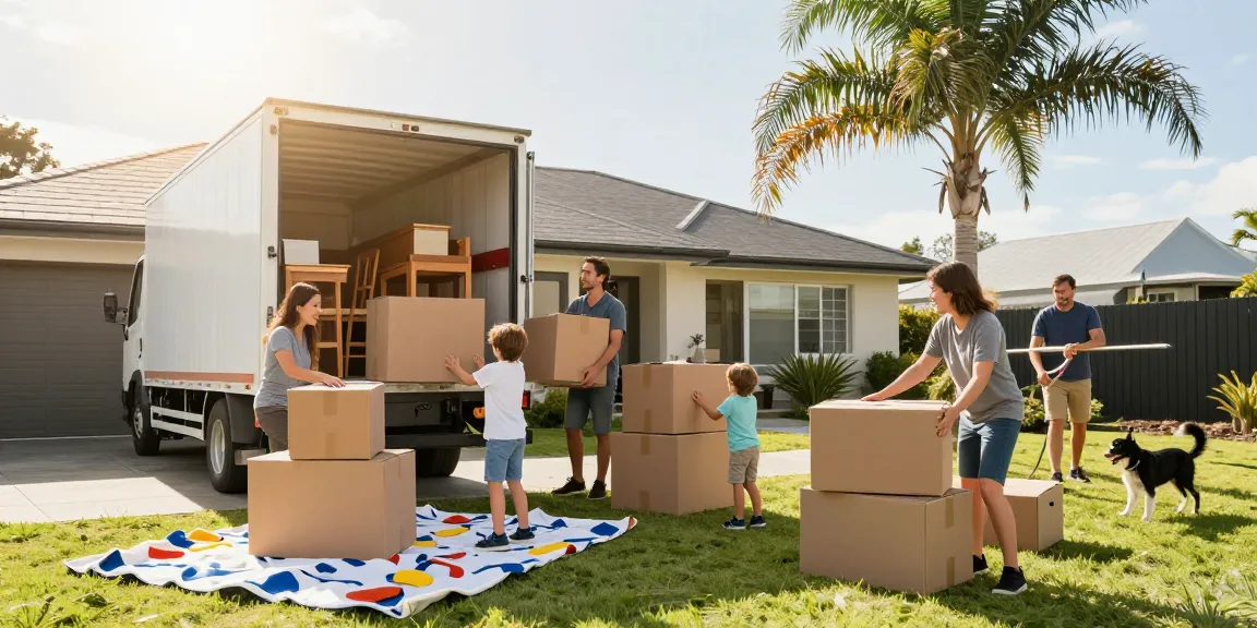 Moving companies Tauranga staff assisting a cheerful family during packing and loading on moving day.
