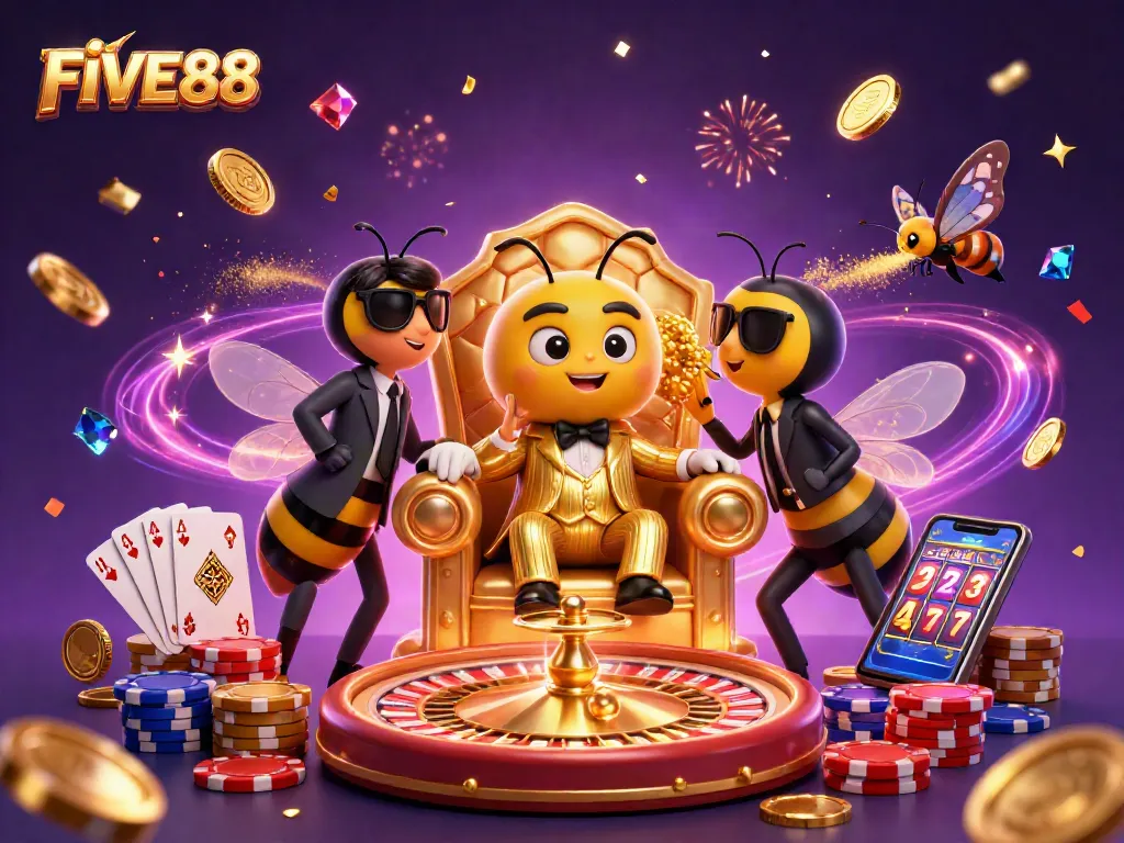Experience excitement with FIVE88's lively casino scene featuring gold coins, poker chips, and thrill of gaming.