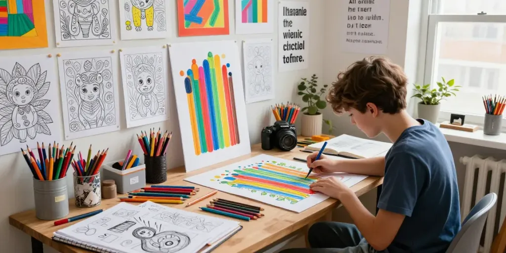 Creative scene at freecoloringsheets.net where an artist colors vibrant sheets in a lively studio.
