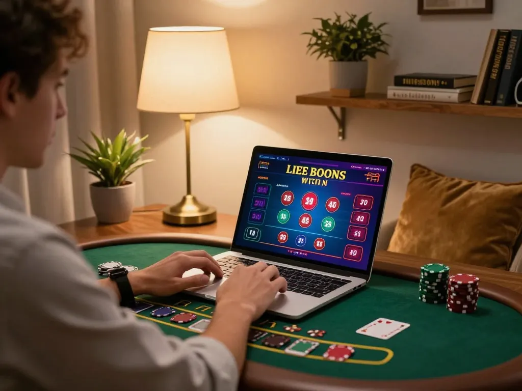 Player enjoying a live dealer game on bl555 casino platform with vibrant interface and cozy home atmosphere.
