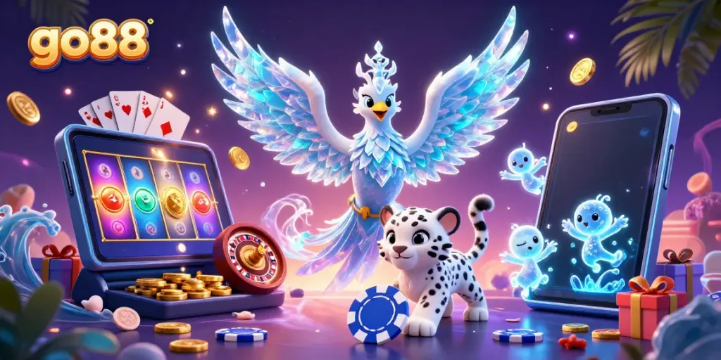 Experience the thrilling gameplay of go88 with an ice phoenix, poker chip, and dynamic casino elements.