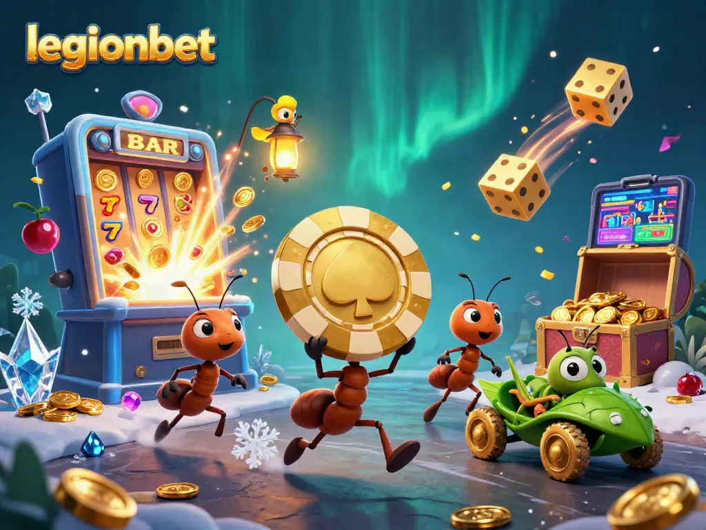 Legionbet offers exciting games as cartoon ants heist golden poker chip in a dynamic scene.