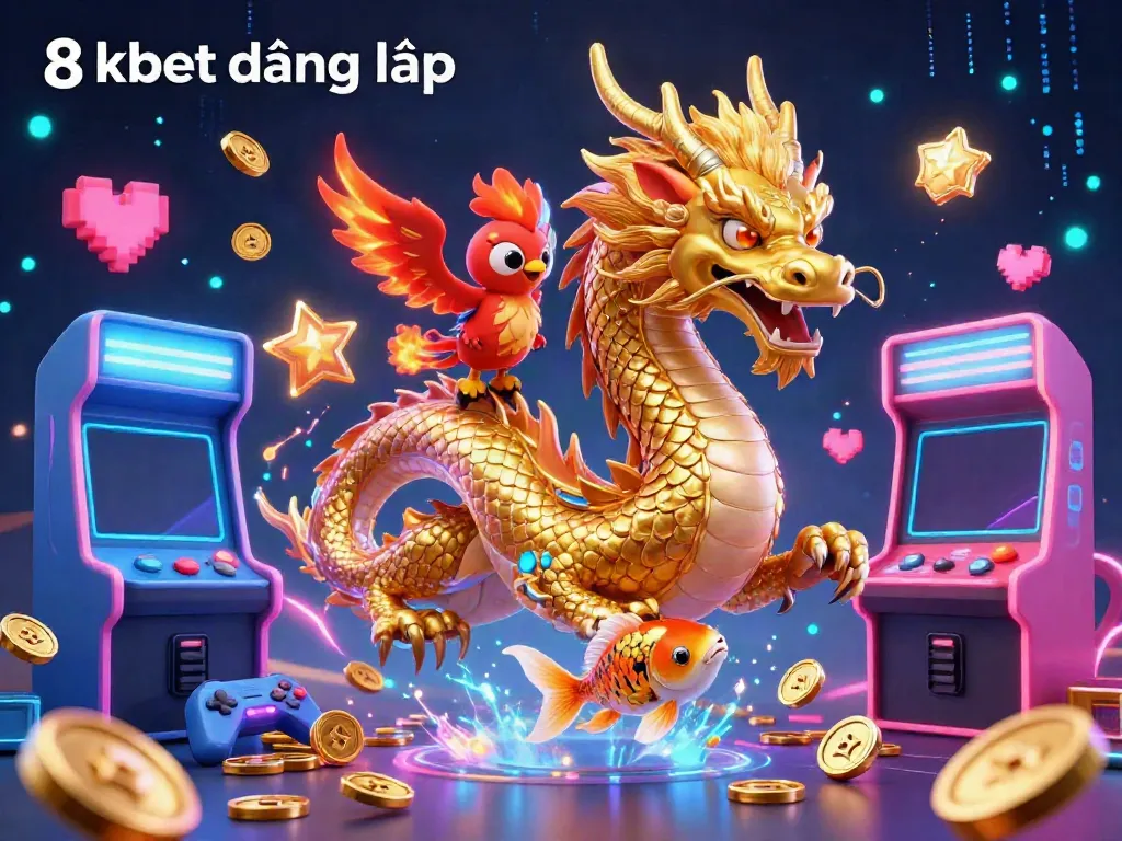 Engage in thrilling gameplay with 8kbet đăng nhập, featuring a dynamic scene of a golden dragon, phoenix, and koi fish in an immersive casino setting.