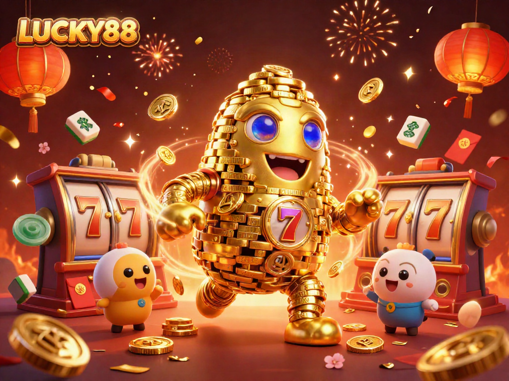 Experience the thrill of LUCKY88's vibrant slot machine scene with dynamic golem and festive elements.