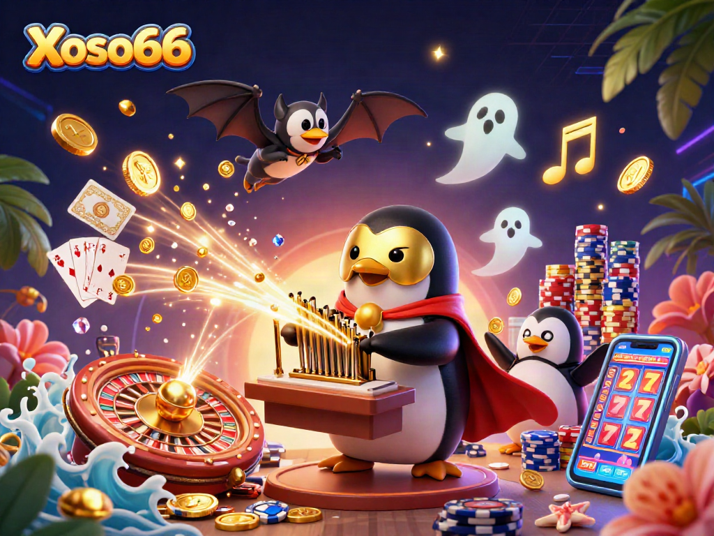 Xoso66 engages players with thrilling casino games in an energetic digital illustration featuring a penguin maestro.